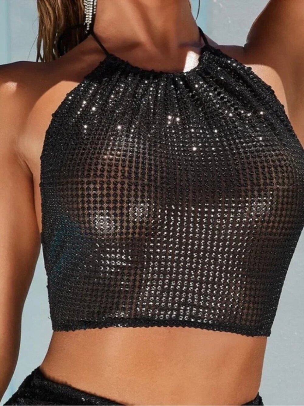 Oh Polly Black Sequin Halter Open Back Lace Up Crop Top